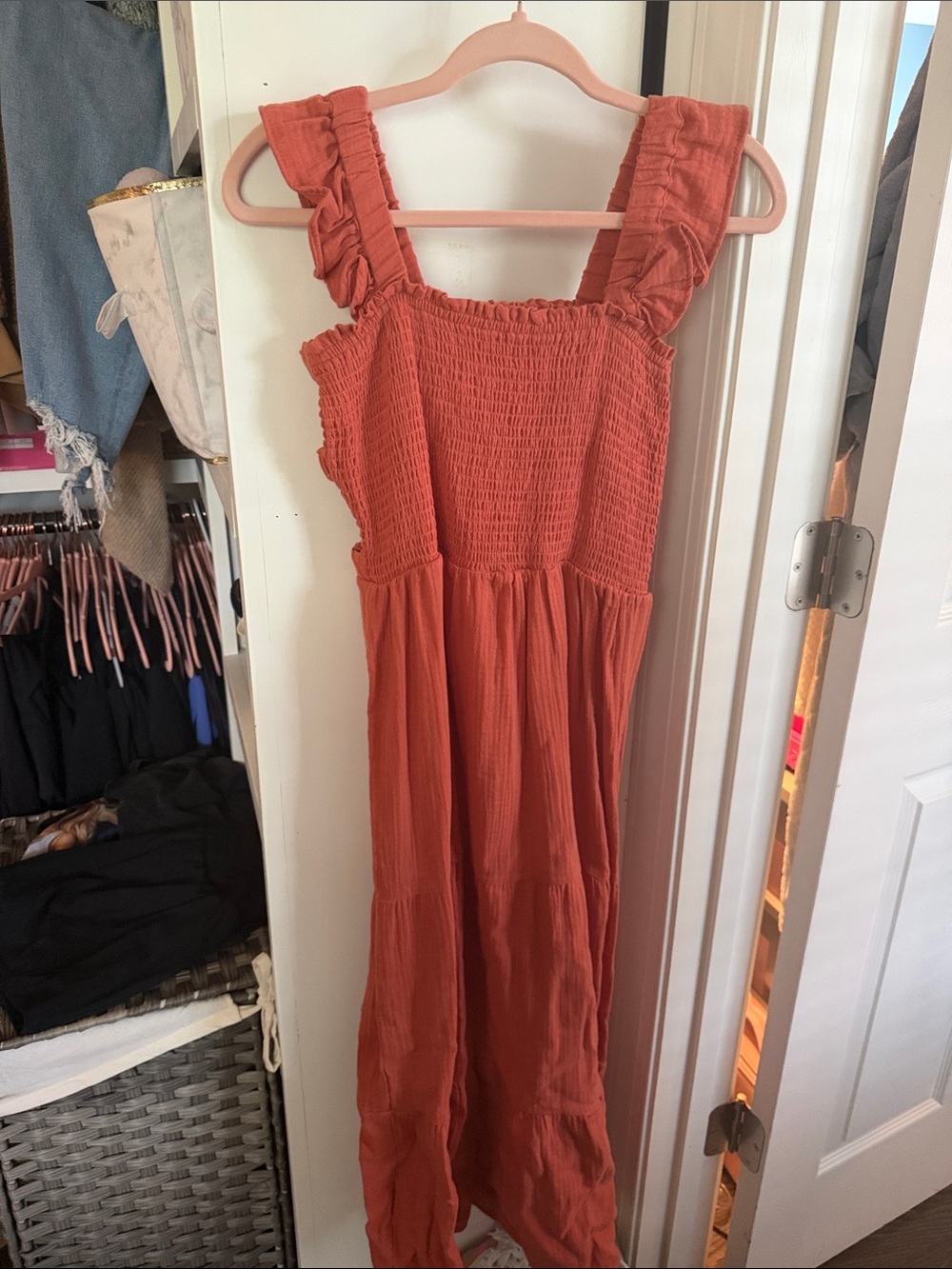 Rust Smocked Maxi Dress with Ruffle Straps